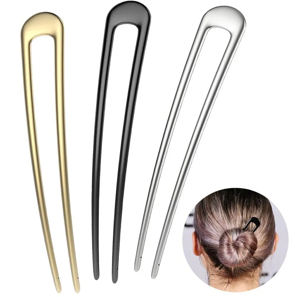 French Hair Pins Metal Hair Forks U Shaped Long Chignon 2 Prong Sticks for Women